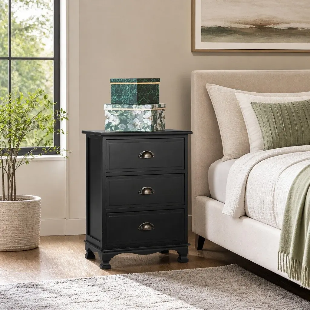Black Bedside Table 3 Drawers Vintage Storage Cabinet Nightstand Bedroom
