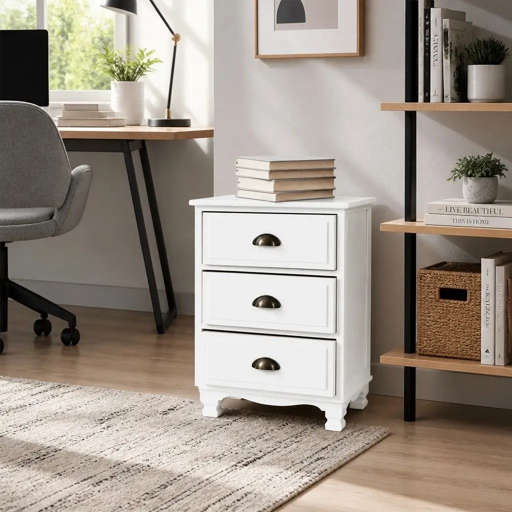 White Bedside Table 3 Drawers Vintage Wooden Nightstand Solid Wood Construction