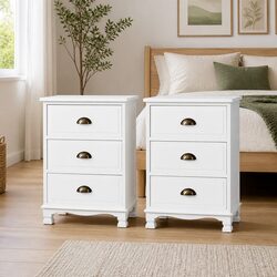Concise White Bedside Table with Metal Handles