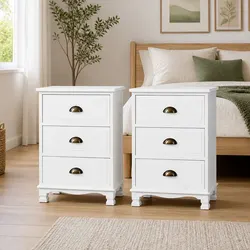 Concise White Bedside Table with Metal Handles