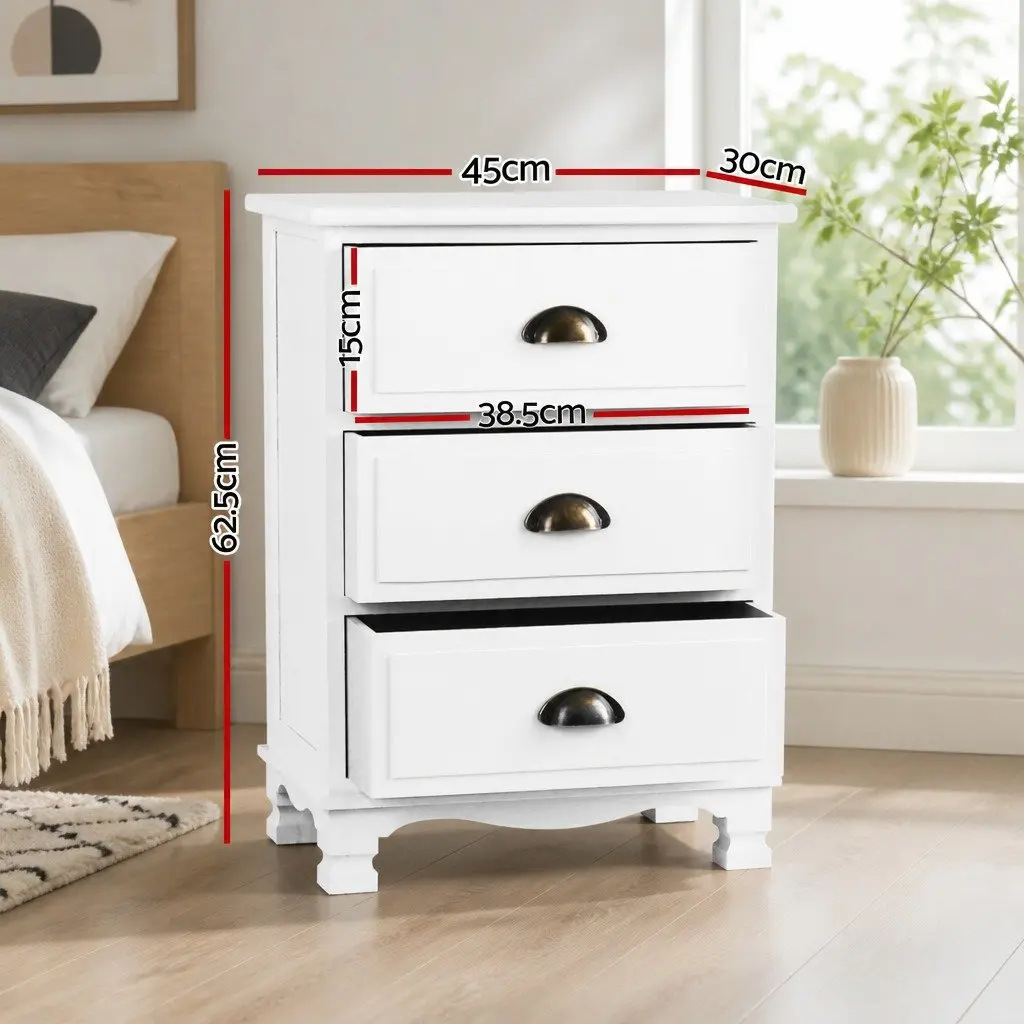 Bedside Table White 3 Drawers Vintage Storage Cabinet Nightstand with Metal Handles