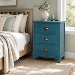 Compact Blue Vintage Nightstand with 3 Drawers
