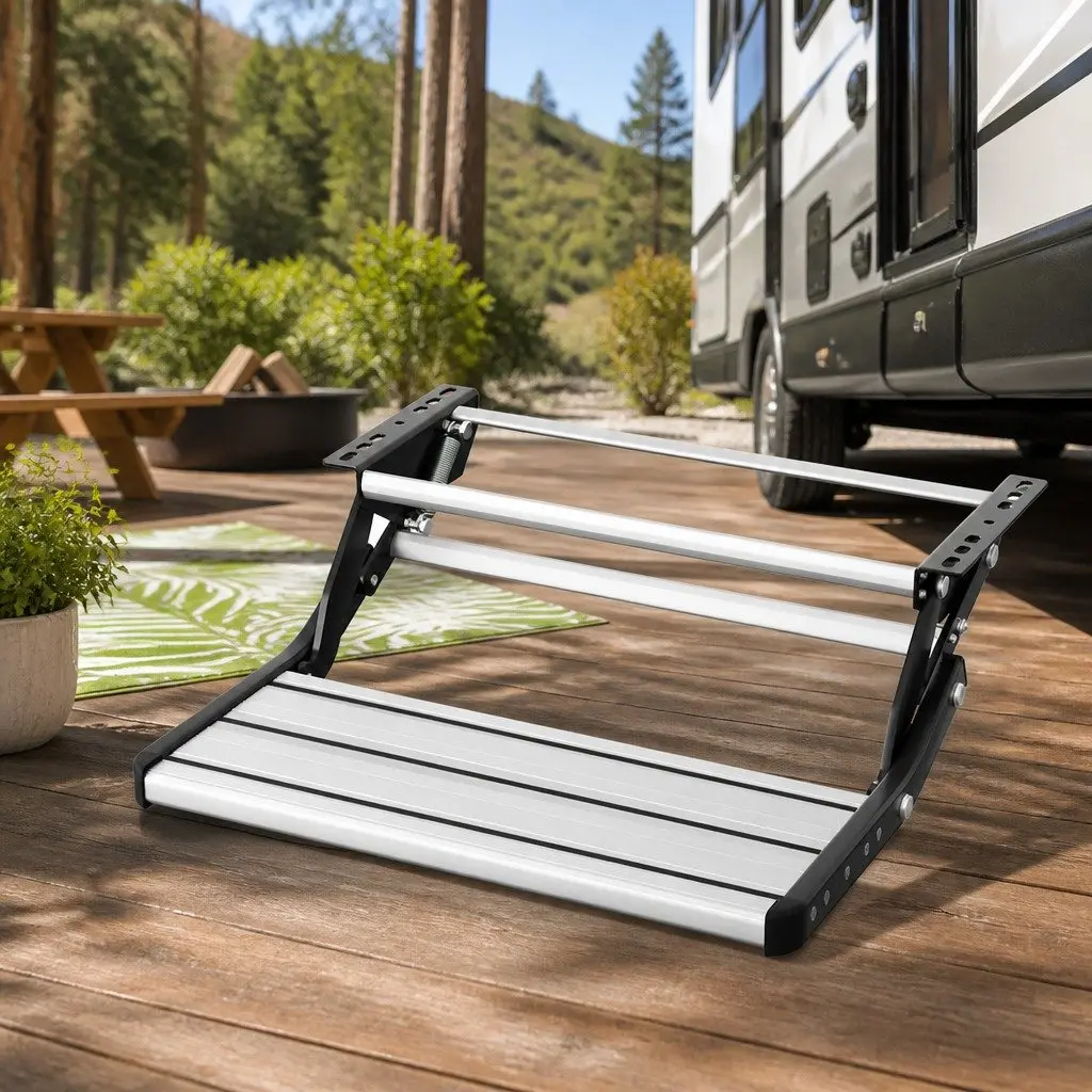 Folding Caravan Step Silver 56 x 57 x 17 cm Manual Pull-Out Non-Slip Aluminium 200kg Capacity