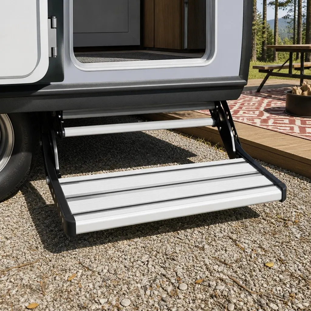 Folding Caravan Step Silver 56 x 57 x 17 cm Manual Pull-Out Non-Slip Aluminium 200kg Capacity