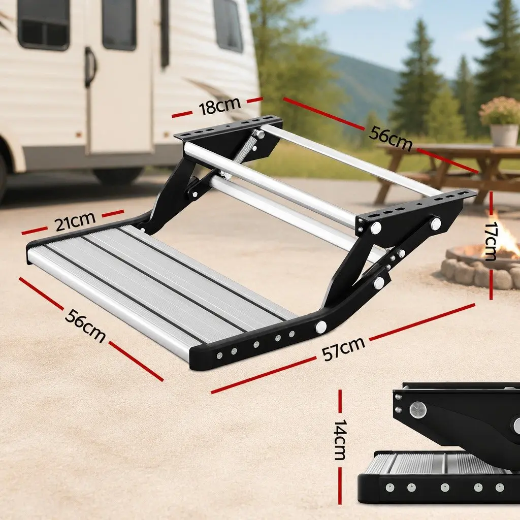 Folding Caravan Step Silver 56 x 57 x 17 cm Manual Pull-Out Non-Slip Aluminium 200kg Capacity