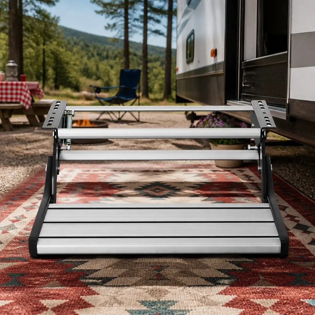 Folding Caravan Step Silver 56 x 57 x 17 cm Manual Pull-Out Non-Slip Aluminium 200kg Capacity