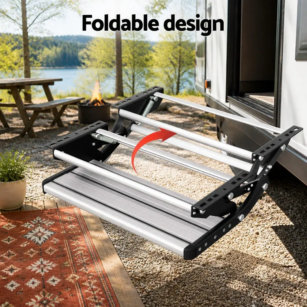 Folding Caravan Step Silver 56 x 57 x 17 cm Manual Pull-Out Non-Slip Aluminium 200kg Capacity