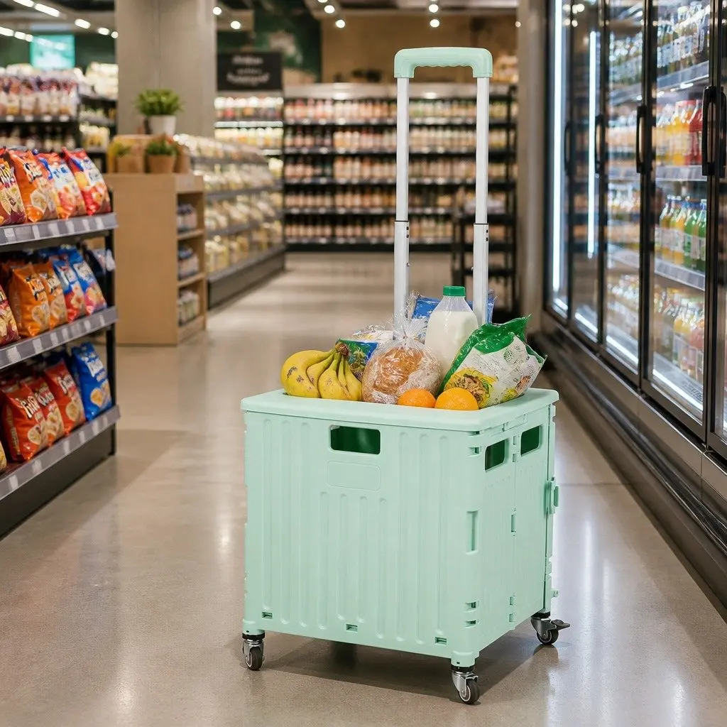 Folding Shopping Trolley Cart Green Portable Collapsible Lightweight with Wheels