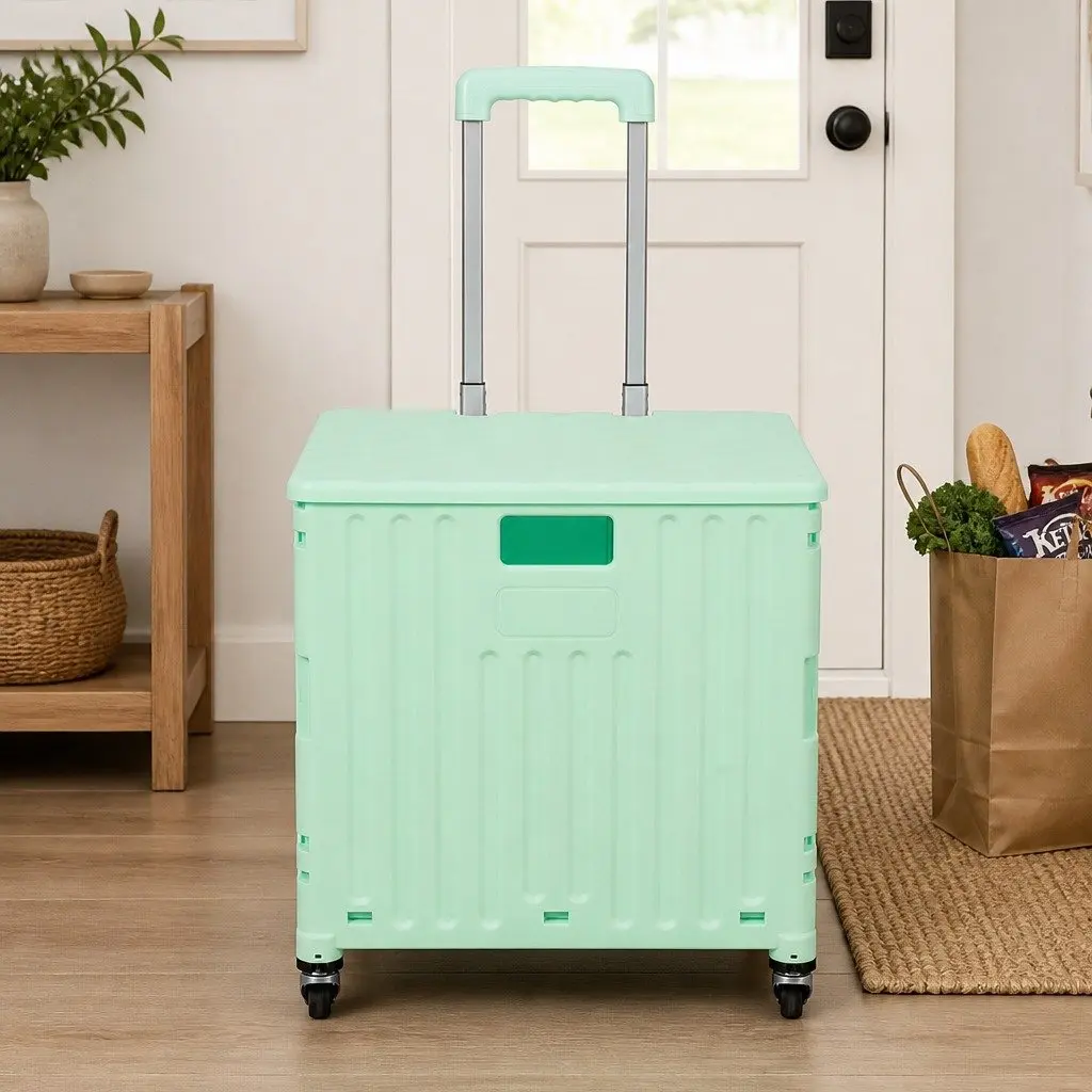 Folding Shopping Trolley Cart Green Portable Collapsible Lightweight with Wheels