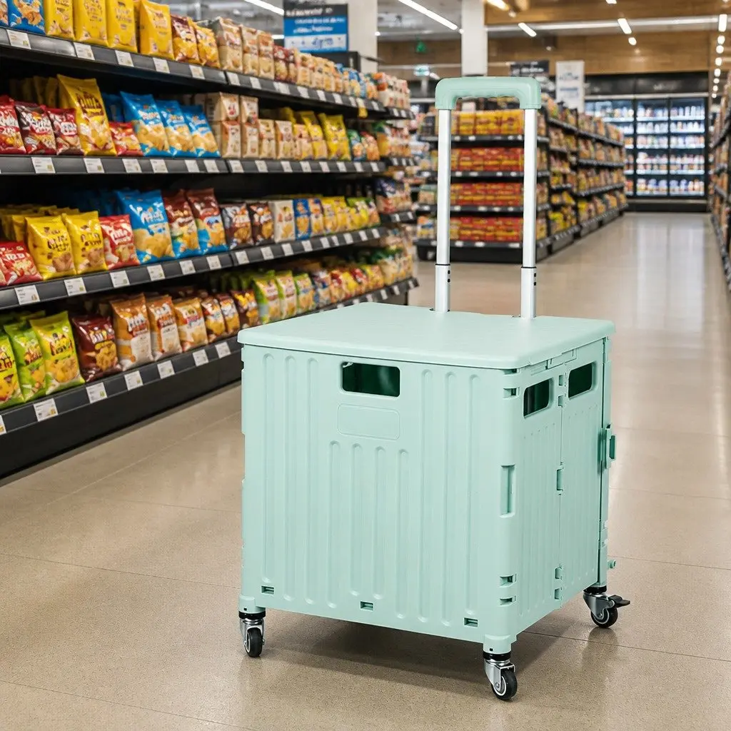 Folding Shopping Trolley Cart Green Portable Collapsible Lightweight with Wheels