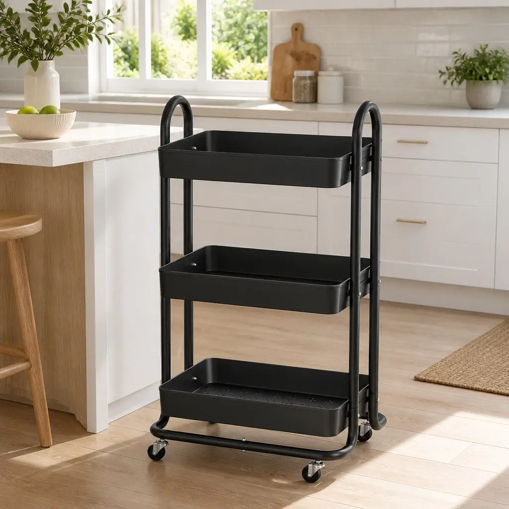Storage Trolley Black 3 Tier Kitchen Cart Rack Shelf Organiser with Wheels