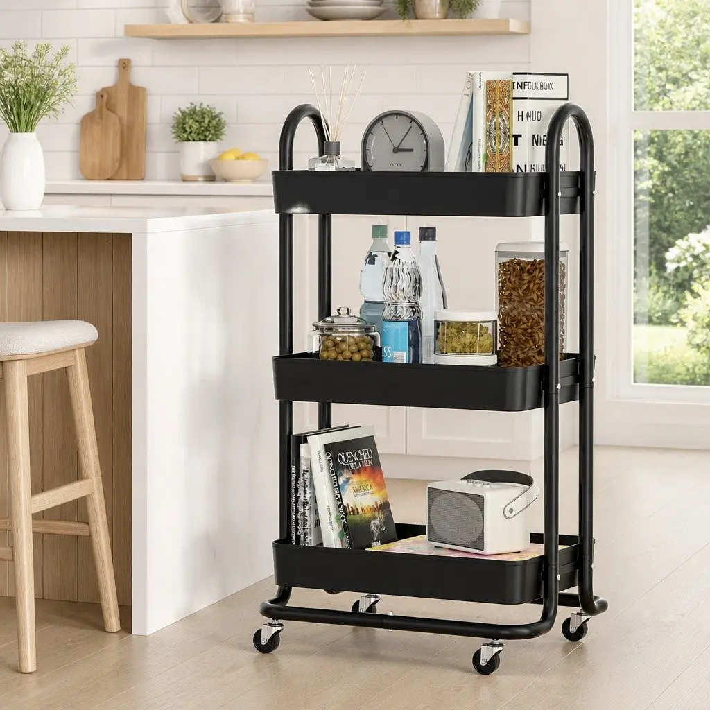 Storage Trolley Black 3 Tier Kitchen Cart Rack Shelf Organiser with Wheels