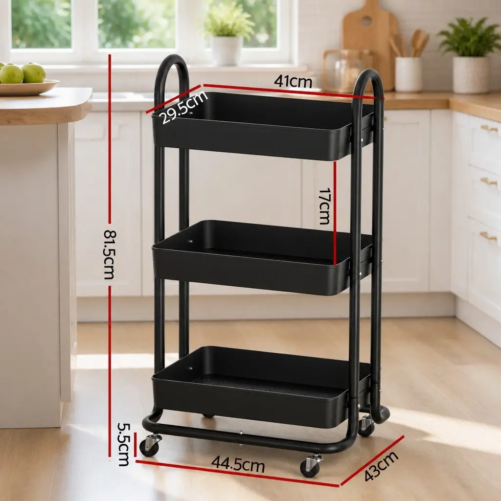 Storage Trolley Black 3 Tier Kitchen Cart Rack Shelf Organiser with Wheels