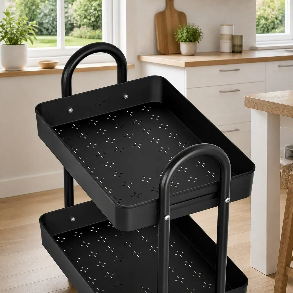 Storage Trolley Black 3 Tier Kitchen Cart Rack Shelf Organiser with Wheels