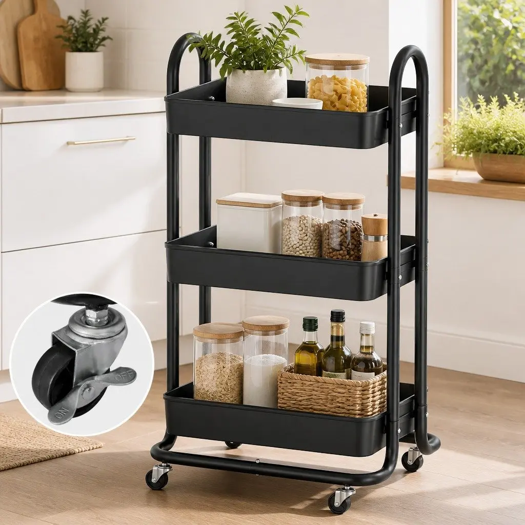 Storage Trolley Black 3 Tier Kitchen Cart Rack Shelf Organiser with Wheels