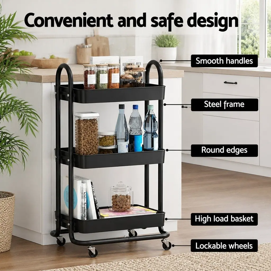 Storage Trolley Black 3 Tier Kitchen Cart Rack Shelf Organiser with Wheels
