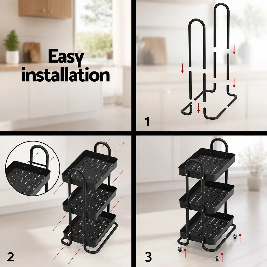 Storage Trolley Black 3 Tier Kitchen Cart Rack Shelf Organiser with Wheels