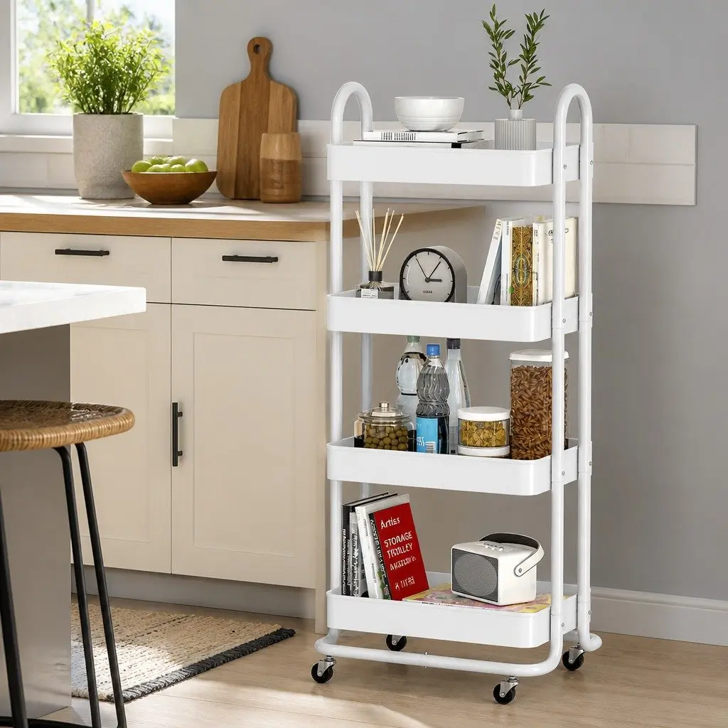 Storage Trolley White 4 Tier Rolling Wheels Lockable Portable Kitchen Cart