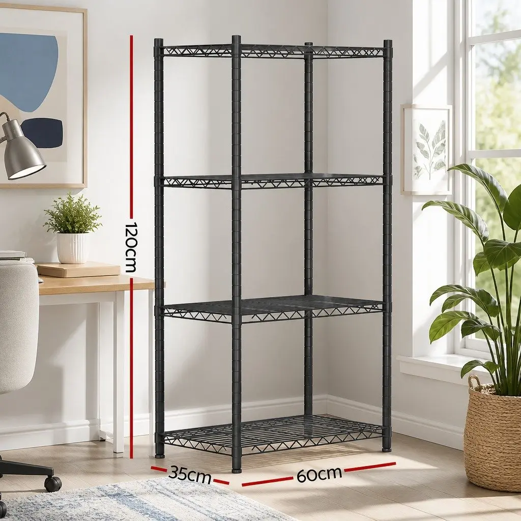 4-Tier Steel Storage Shelving Unit Black Adjustable V-Shaped Mesh Shelves