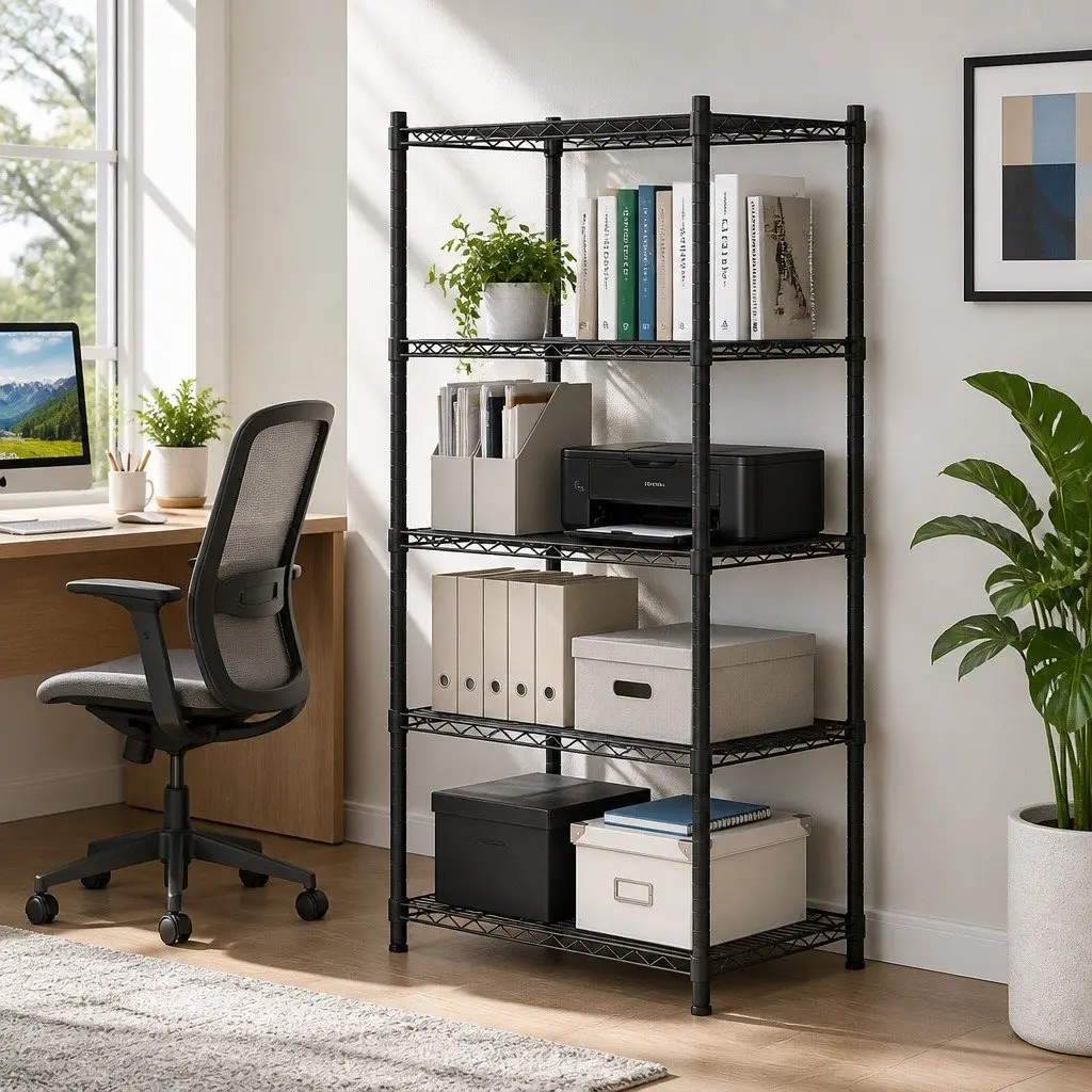 4-Tier Steel Storage Shelving Unit Black Adjustable V-Shaped Mesh Shelves