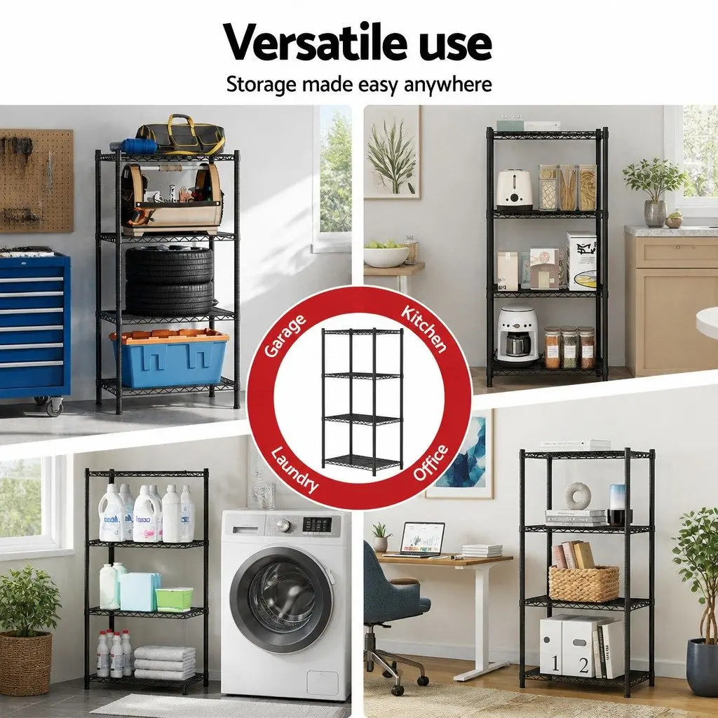 4-Tier Steel Storage Shelving Unit Black Adjustable V-Shaped Mesh Shelves