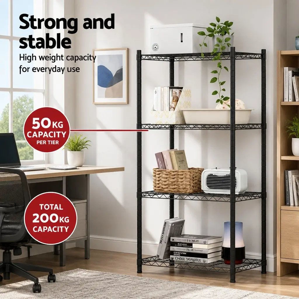 4-Tier Steel Storage Shelving Unit Black Adjustable V-Shaped Mesh Shelves