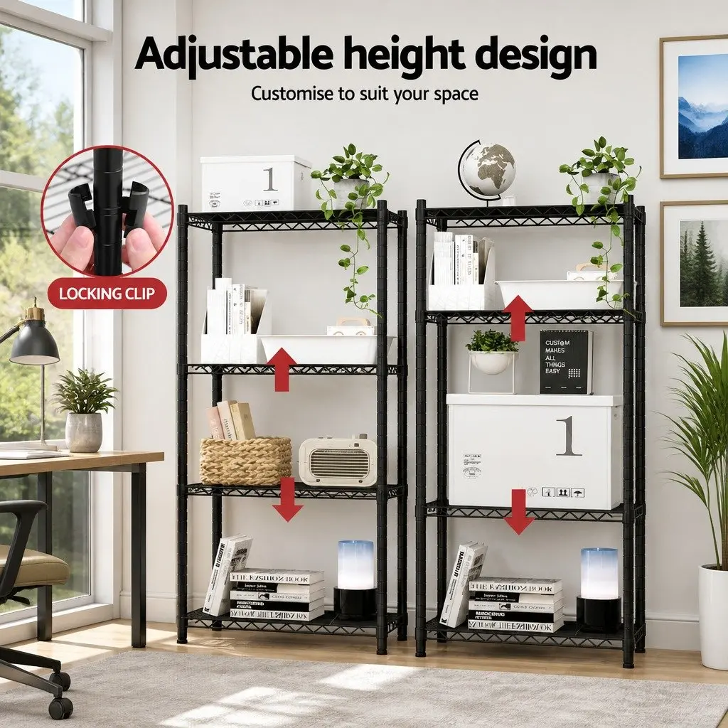 4-Tier Steel Storage Shelving Unit Black Adjustable V-Shaped Mesh Shelves