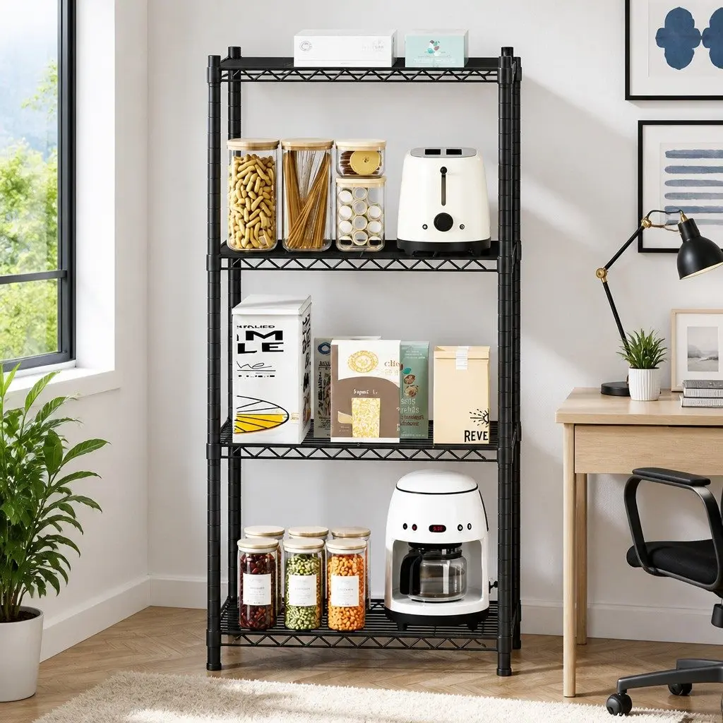 4-Tier Steel Storage Shelving Unit Black Adjustable V-Shaped Mesh Shelves