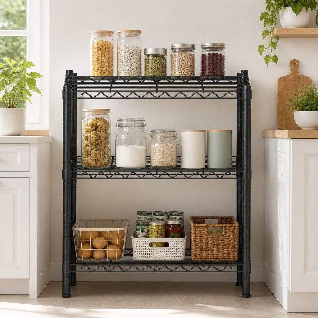 3-Tier Shelving Unit Adjustable Storage Rack Steel Kitchen Garage Organiser