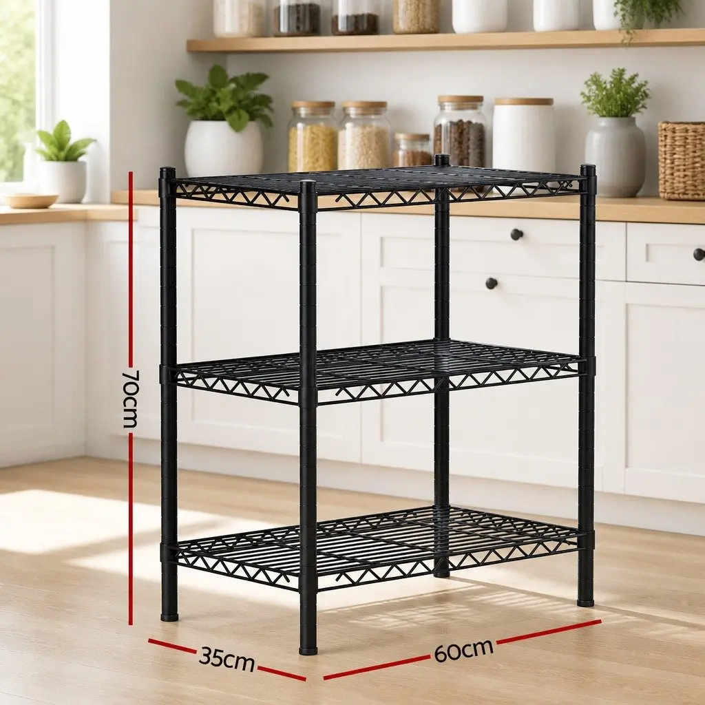 3-Tier Shelving Unit Black Steel Adjustable Storage Rack