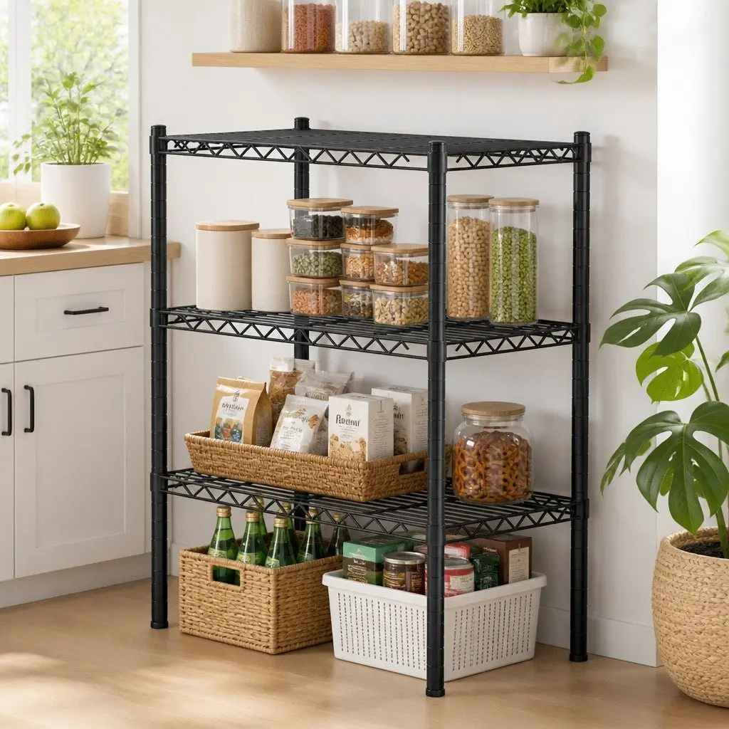 3-Tier Shelving Unit Black Steel Adjustable Storage Rack
