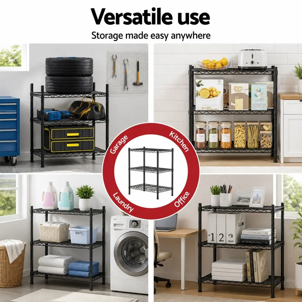 3-Tier Shelving Unit Black Steel Adjustable Storage Rack