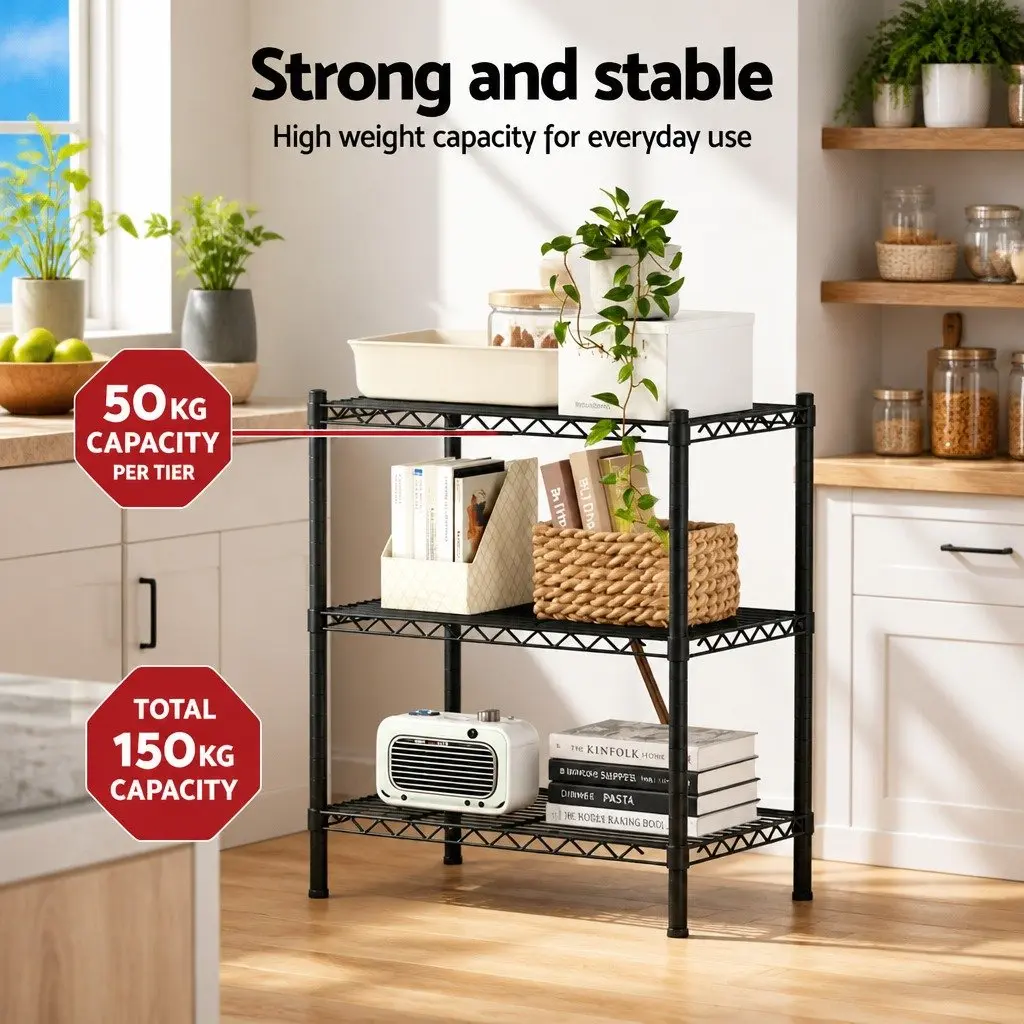 3-Tier Shelving Unit Black Steel Adjustable Storage Rack