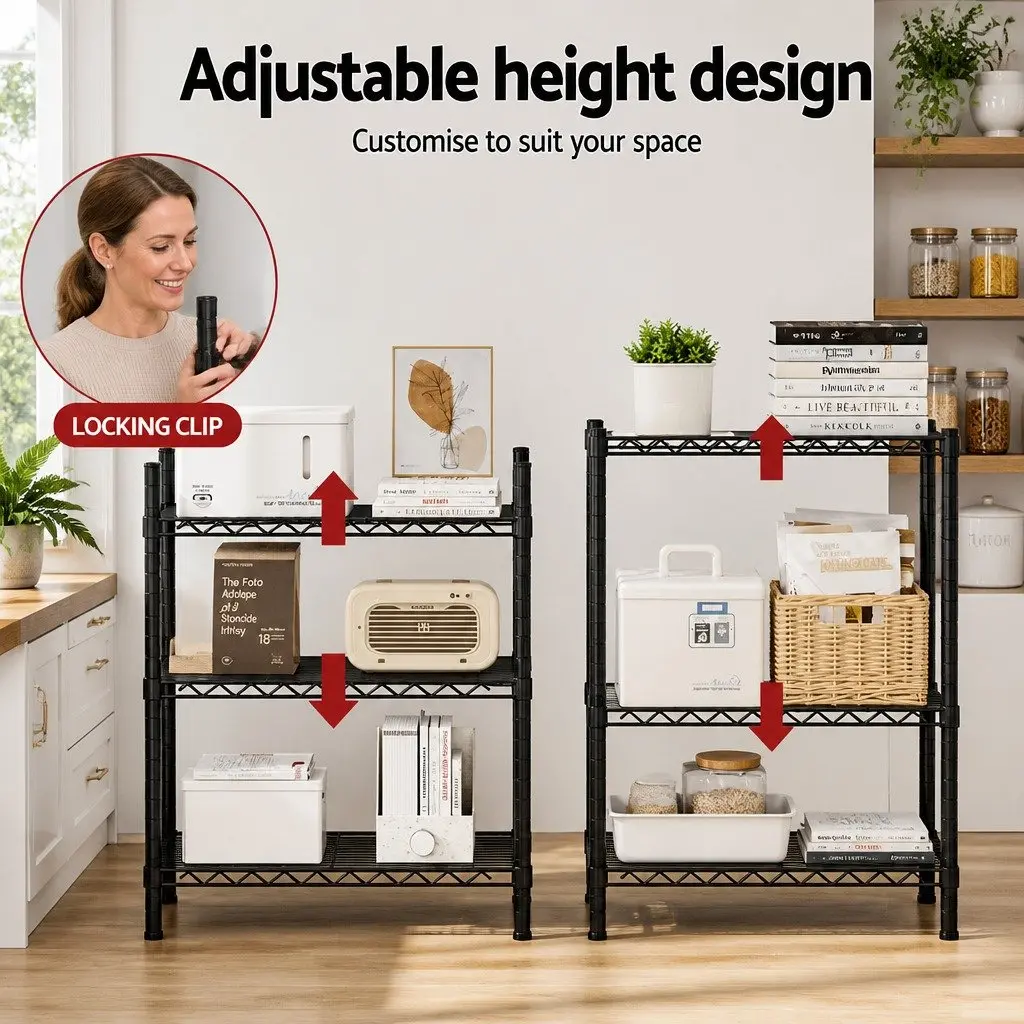 3-Tier Shelving Unit Black Steel Adjustable Storage Rack
