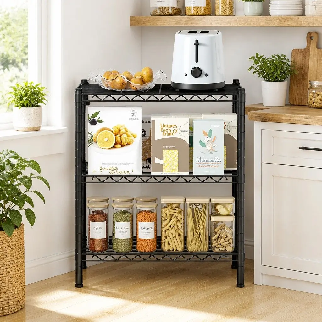 3-Tier Shelving Unit Black Steel Adjustable Storage Rack
