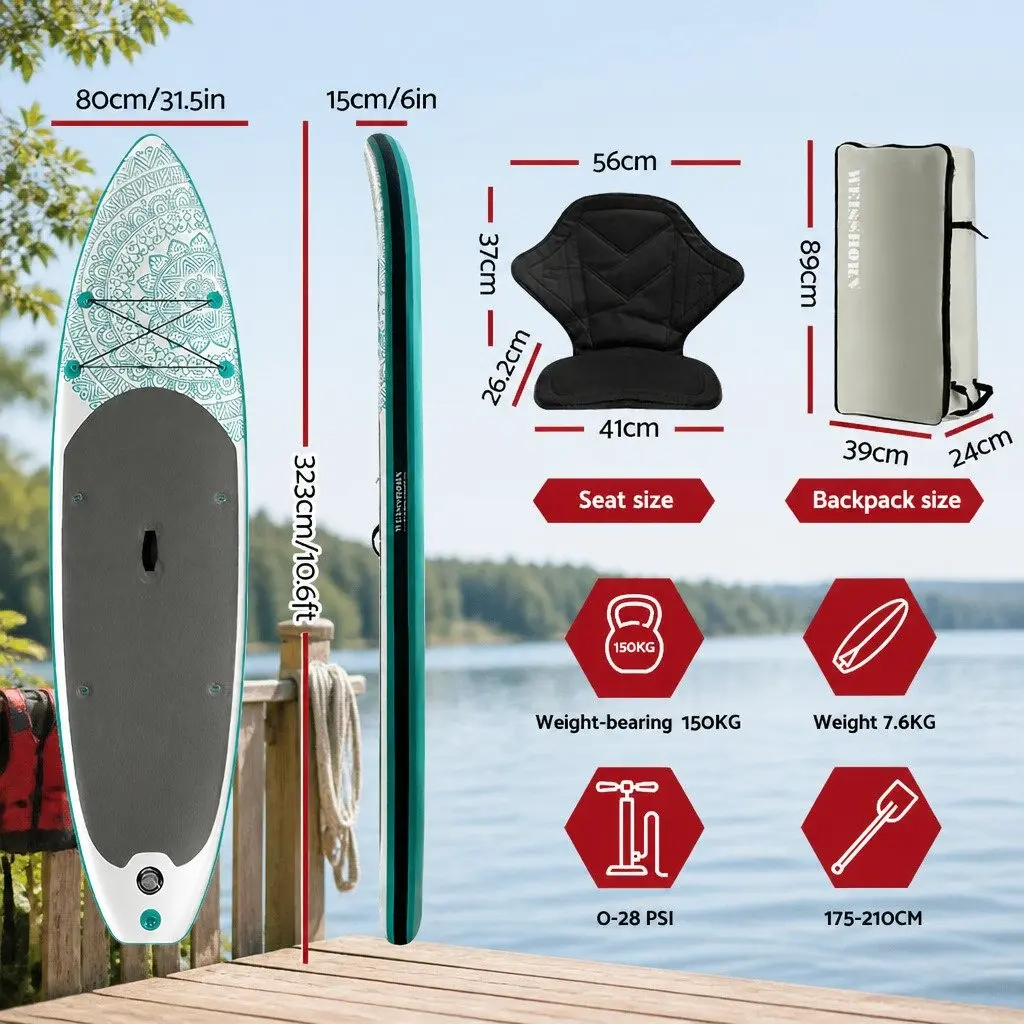 Inflatable Stand Up Paddle Board Green 10.6ft Kayak Functionality Non-Slip Foot Pad Tri-Fin System Adjustable Paddle Included