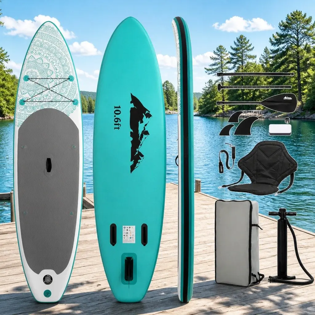 Inflatable Stand Up Paddle Board Green 10.6ft Kayak Functionality Non-Slip Foot Pad Tri-Fin System Adjustable Paddle Included