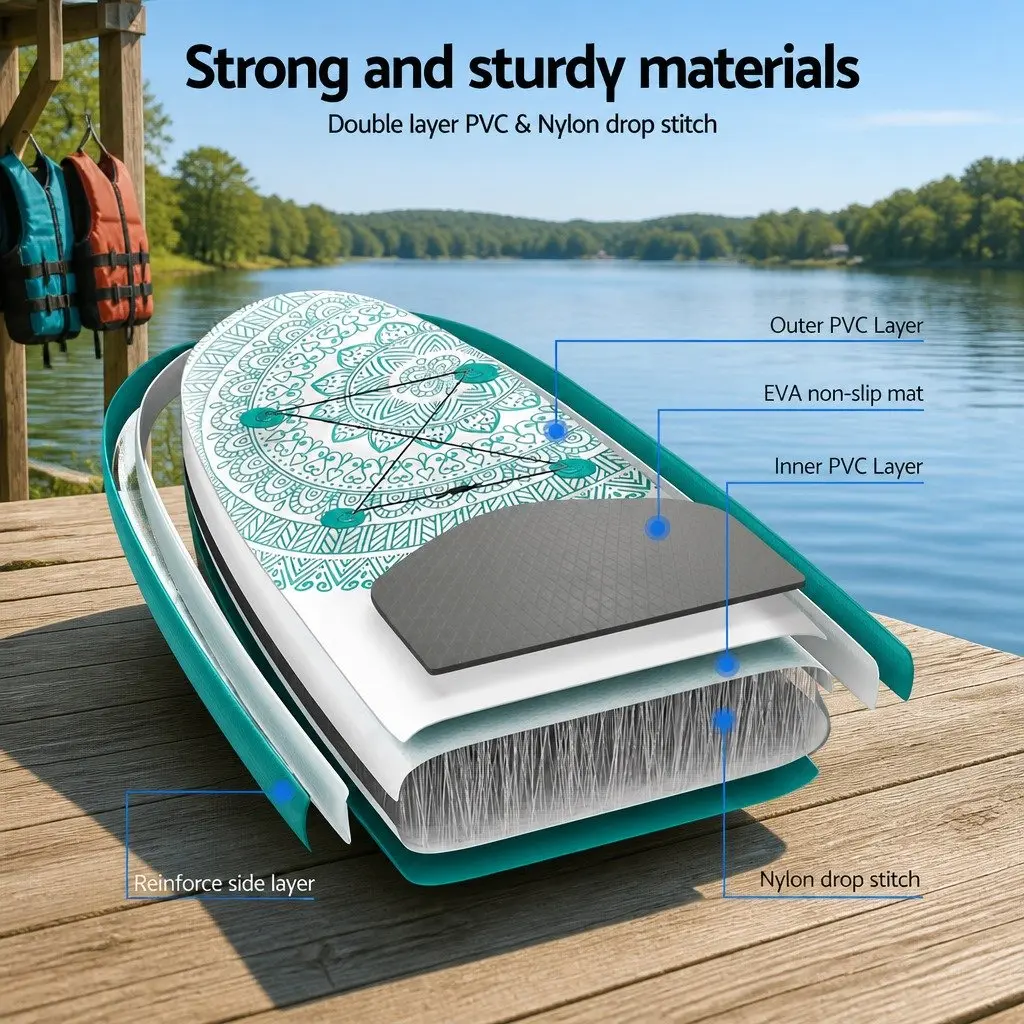 Inflatable Stand Up Paddle Board Green 10.6ft Kayak Functionality Non-Slip Foot Pad Tri-Fin System Adjustable Paddle Included