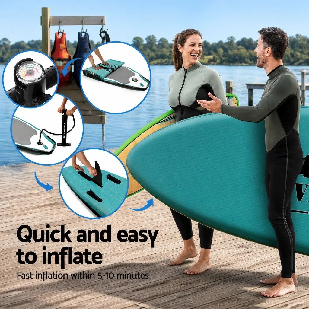 Inflatable Stand Up Paddle Board Green 10.6ft Kayak Functionality Non-Slip Foot Pad Tri-Fin System Adjustable Paddle Included
