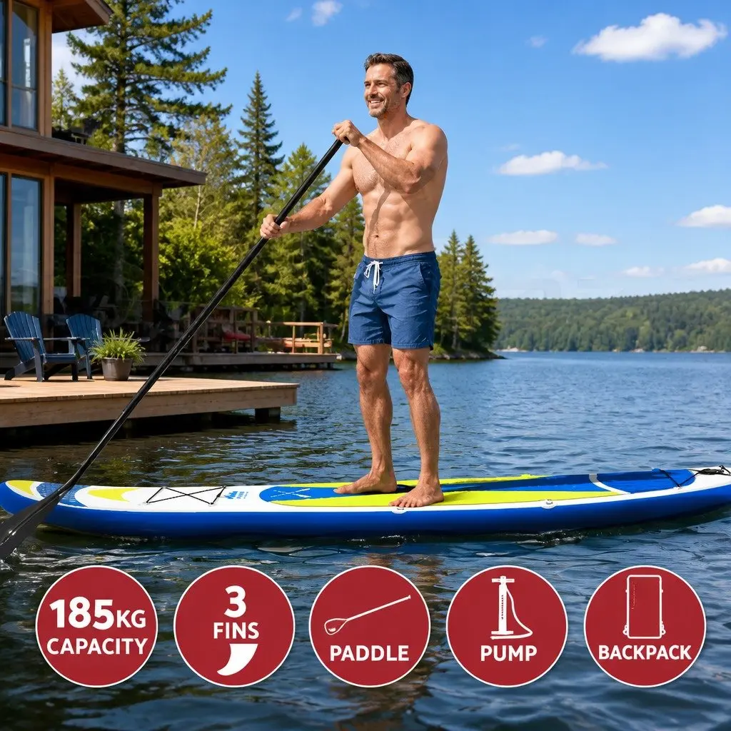 Inflatable Stand Up Paddle Board Yellow 11ft Durable Drop-Stitch Core Adjustable Paddle Kayak Seat