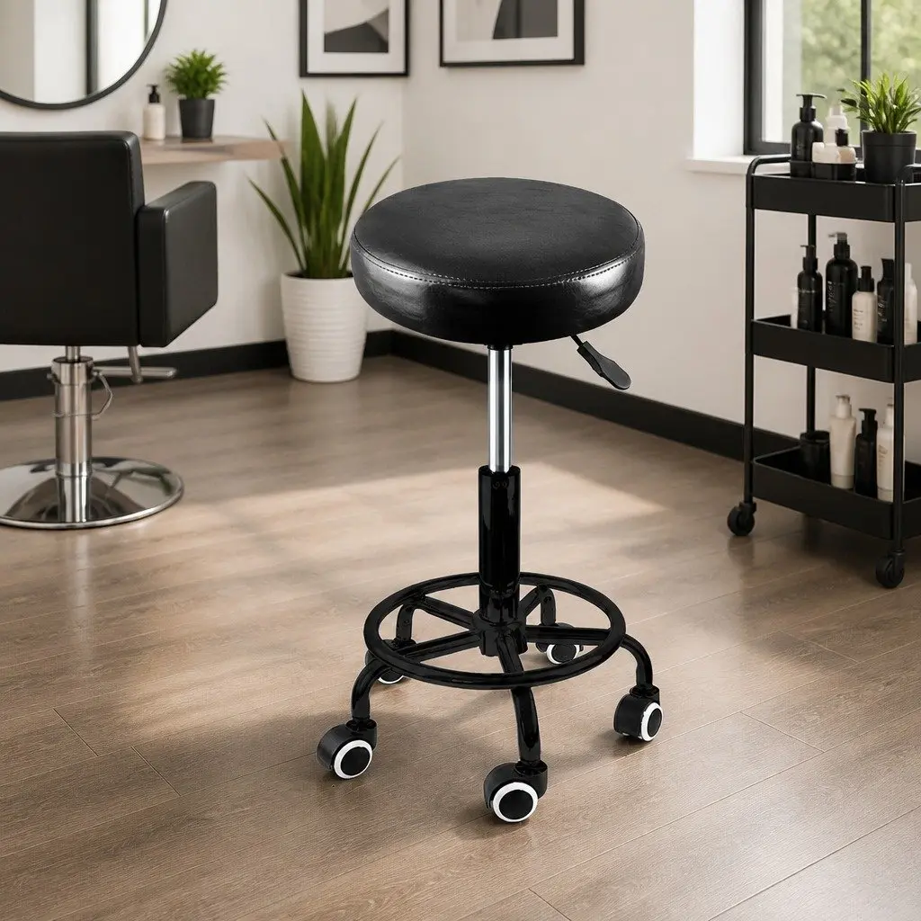 Salon Swivel Bar Stools Black Adjustable Height 360 Rotation Gas Lift Footrest Casters