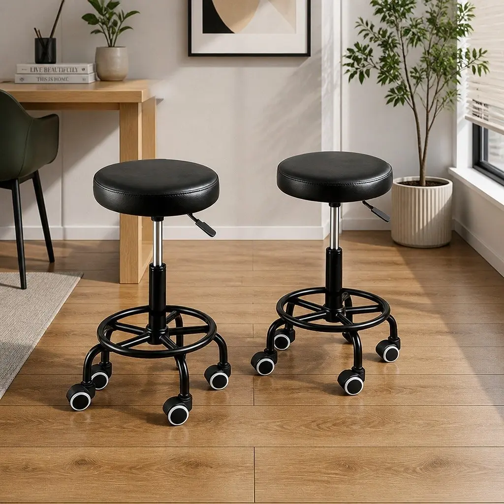 Salon Swivel Bar Stools Black Adjustable Height 360 Rotation Gas Lift Footrest Casters