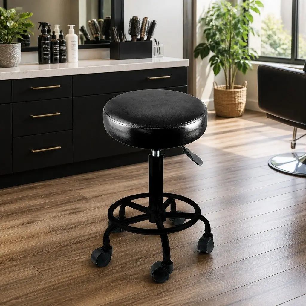 Salon Swivel Bar Stools Black Adjustable Height 360 Rotation Gas Lift Footrest Casters
