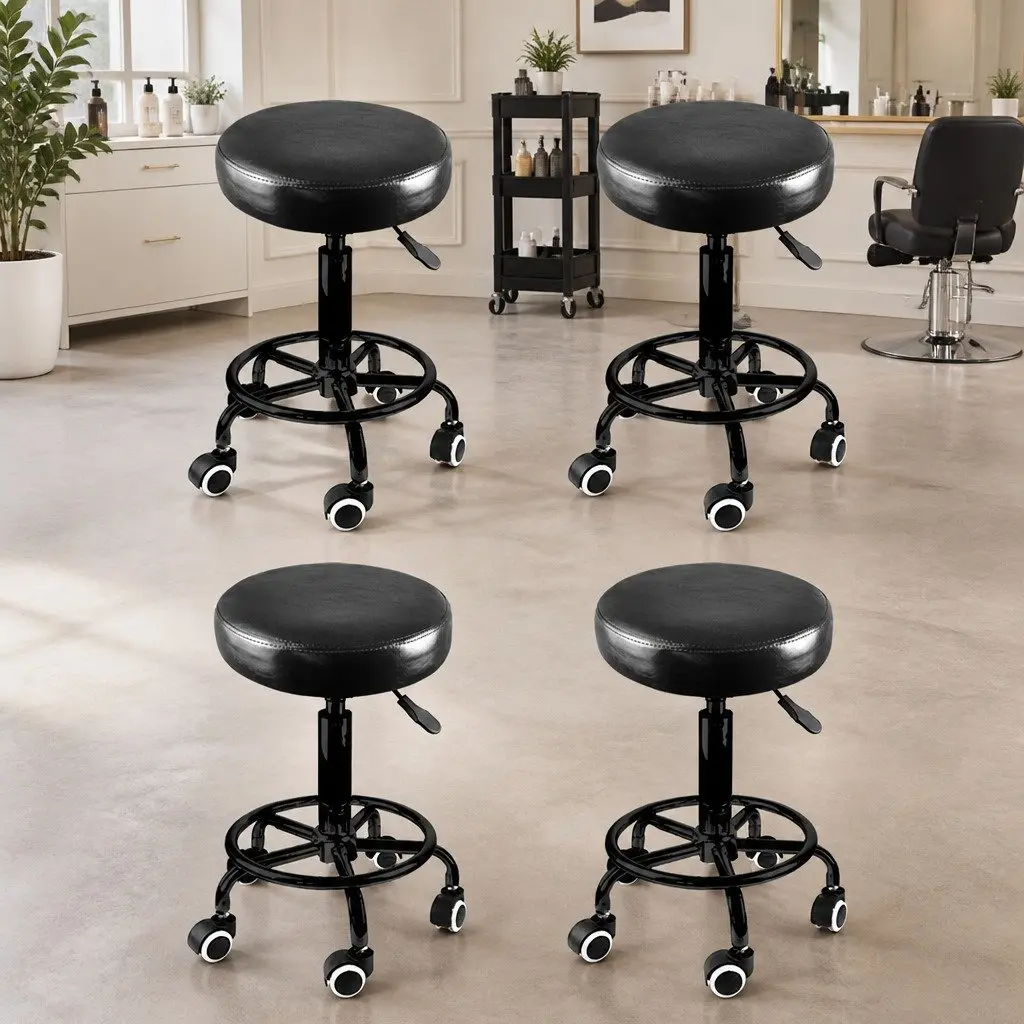 Salon Stool Black PU Leather Height Adjustable Swivel with Gas-Lift and Rolling Casters
