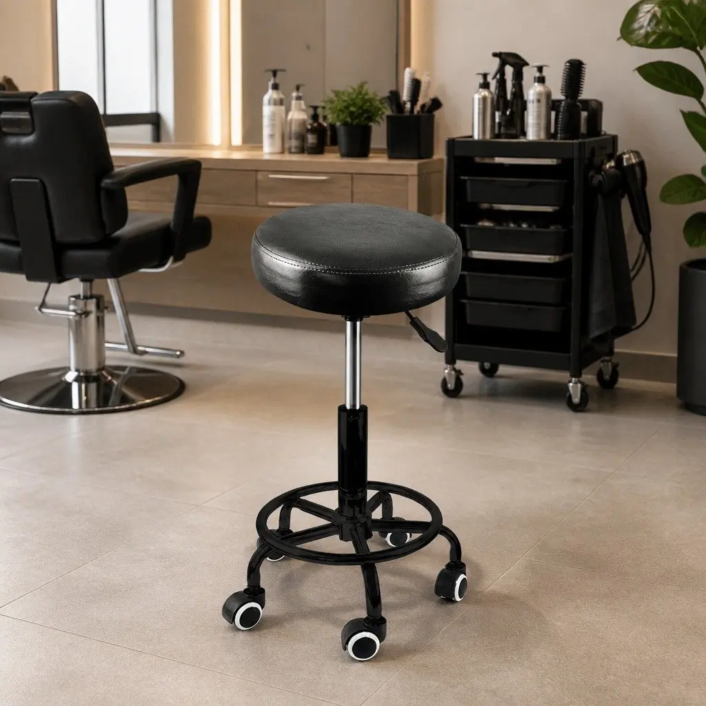 Salon Stool Black PU Leather Height Adjustable Swivel with Gas-Lift and Rolling Casters