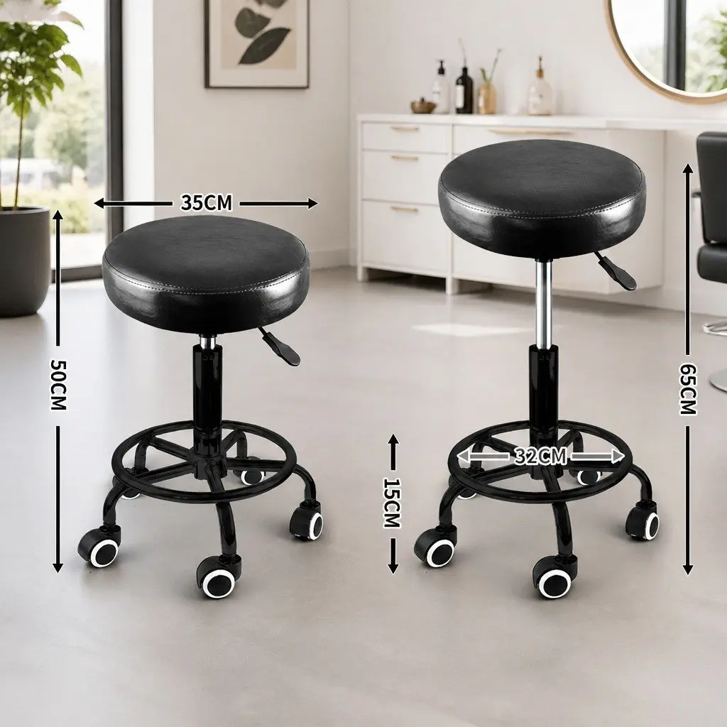 Salon Stool Black PU Leather Height Adjustable Swivel with Gas-Lift and Rolling Casters