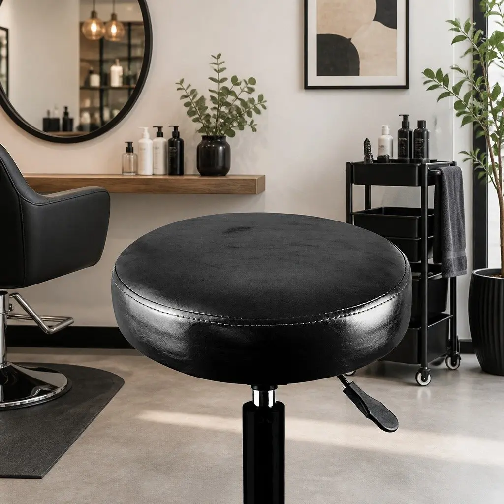 Salon Stool Black PU Leather Height Adjustable Swivel with Gas-Lift and Rolling Casters