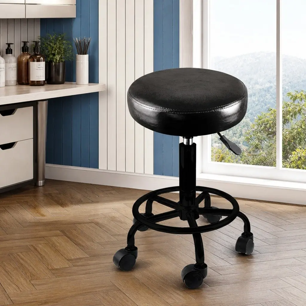 Salon Stool Black PU Leather Height Adjustable Swivel with Gas-Lift and Rolling Casters