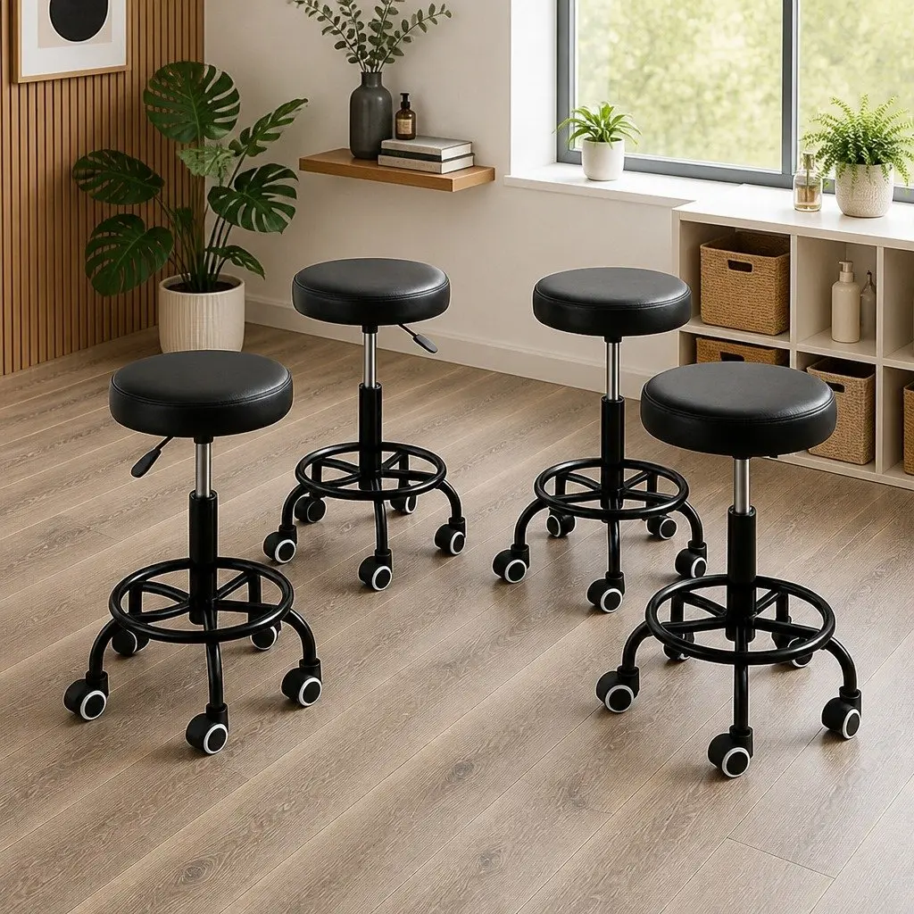 Salon Stool Black PU Leather Height Adjustable Swivel with Gas-Lift and Rolling Casters
