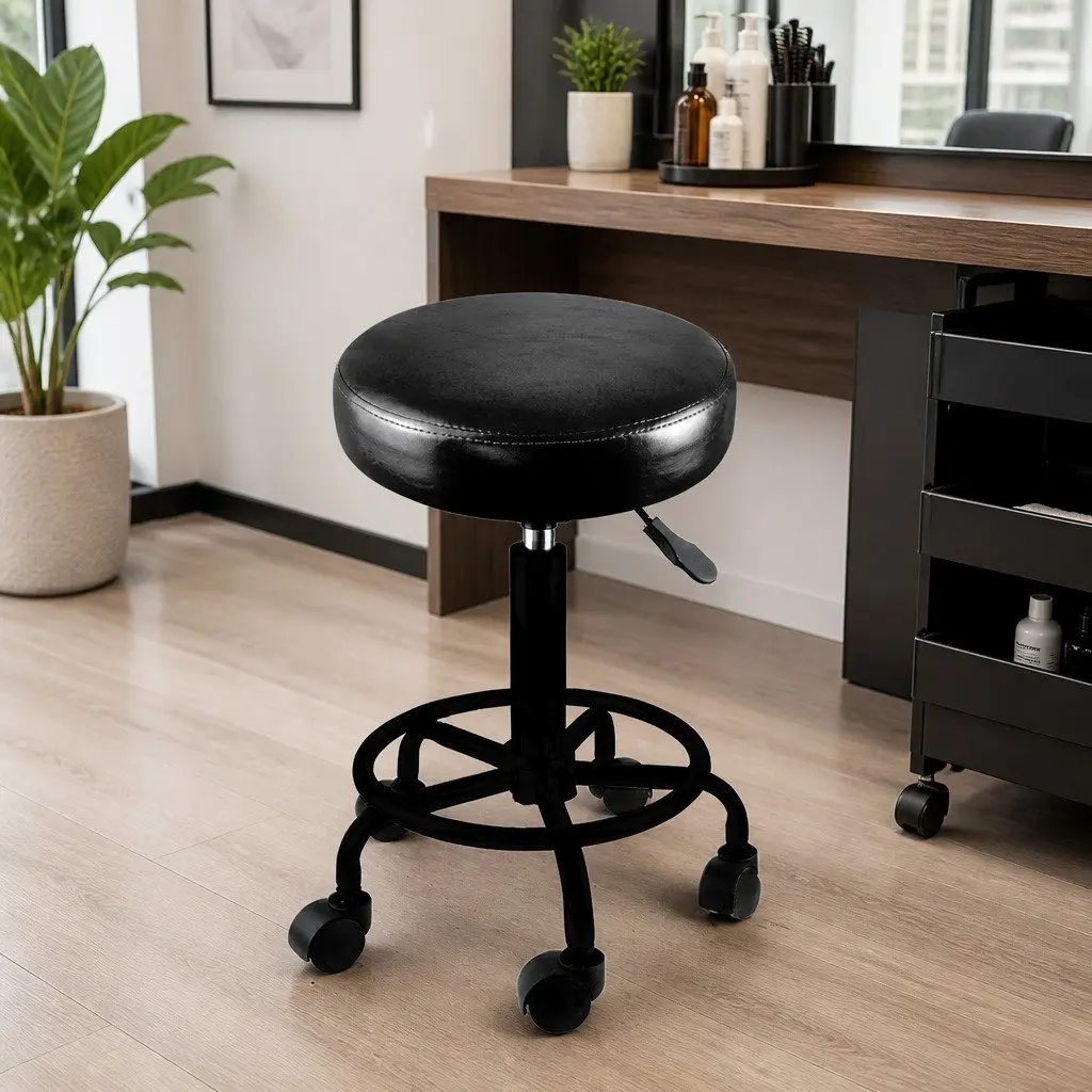Salon Stool Black PU Leather Height Adjustable Swivel with Gas-Lift and Rolling Casters